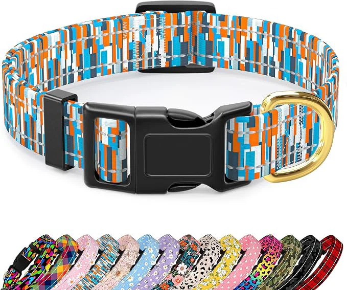 Classic Reflective Dog Collar for Medium Dogs Cute Boho Adjustable Heavy-Duty Nylon Genuine