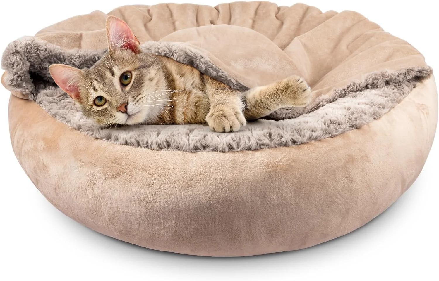 Comfortable JOEJOY Small Dog Cat Bed With Hooded Blanket Cozy Cuddler Luxury Puppy Pet Donut Round Calming Anti-Anxiety Burrow Cave - Anti-Slip Bottom Machine Washable 23 Inch Artisan