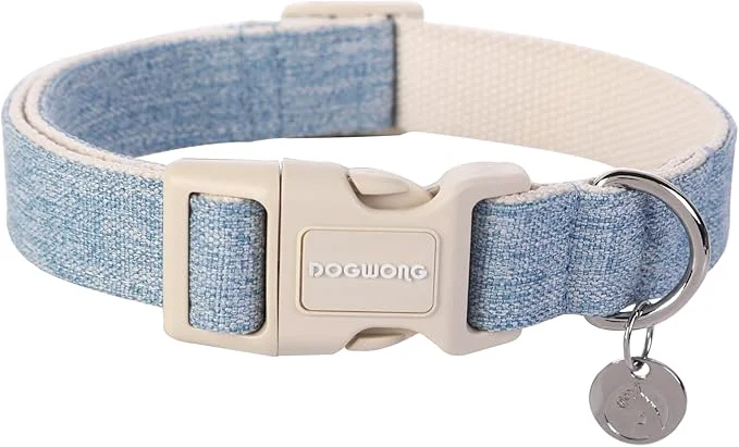 Artisan DOGWONG Cotton Hemp Dog Collar Heavy-Duty Baby Blue Dog Collar Adjustable Soft Secure