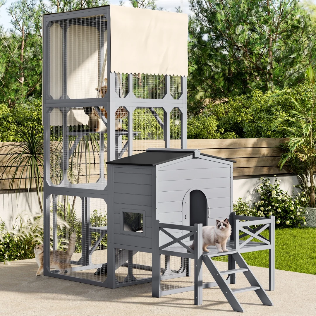 High-End Catio Cat House Outdoor Large Cat Enclosure Wooden Cat Cage For Multiple Cats With Jumping Platforms And Cat Swing Removable Waterproof Cover UV Resistant 2 Combination Gray Exclusive