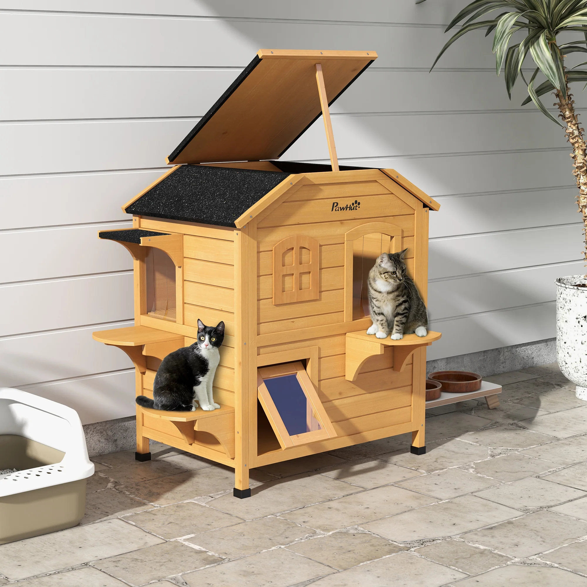 Premium Material 2-Story Wooden Outdoor Feral Cat Shelter With Escape Door Asphalt Roof Specialty