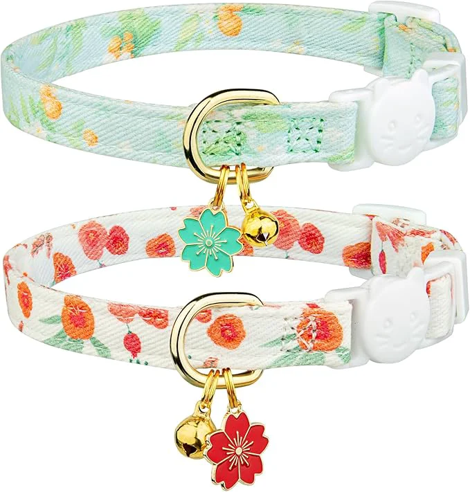 Relaxed 2 Pack Cotton Breakaway Cat Collar Green and Red Flowers Pendant Cute Kitten World-Class