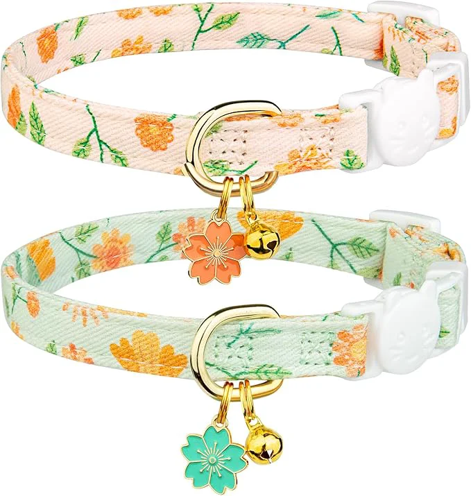 Elite 2 Pack Cotton Breakaway Cat Collar Beige and Green Flowers Pendant Cute Kitten Genuine