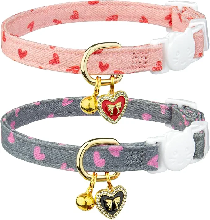 Elegant 2 Pack Cotton Breakaway Cat Collar Pink and Gray Heart Shaped Pendant Cute Fine Crafted