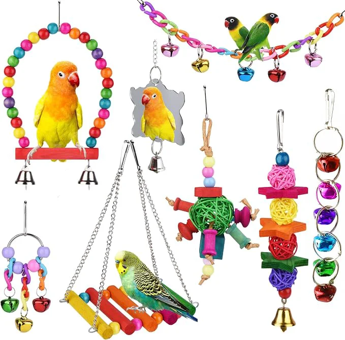 Easy-to-Use 8 Pcs Parakeet Cockatiel Bird Toys Parrots Cage Accessories Swing Wooden Perch Sophisticated