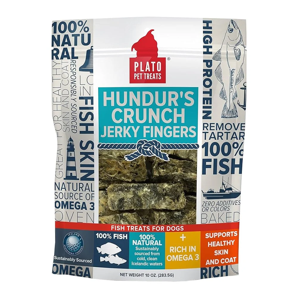 Trendy Plato Hundur's Crunch Jerky Fingers Fish Dog Treats 10-oz Stylish