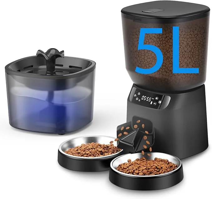 Authentic Automatic Cat Feeder and Water Dispenser Set 5L 20 Cups Timed Cat Dry Food Soft