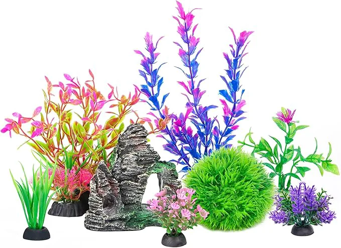 Elite Ameliade Aquarium Artificial Plastic Plants Decorations and Rock Cave Decor Set Elegant