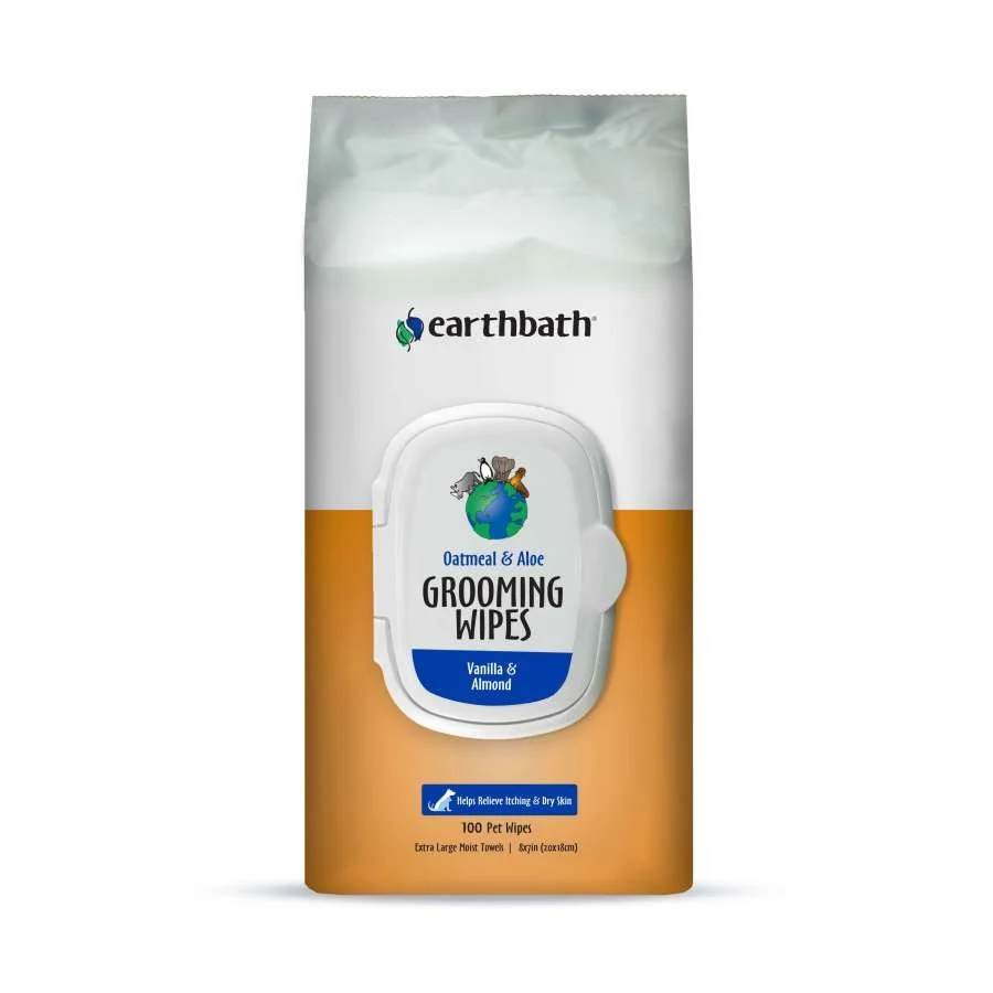 Certified Earthbath Oatmeal Aloe Grooming Wipes for Dogs Cats Vanilla Almond 100 Count Premium Material