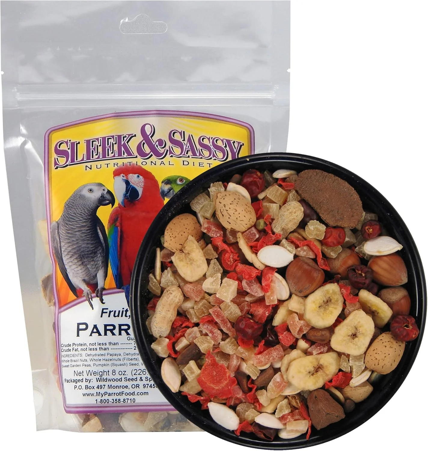 Traditional SLEEK SASSY Fruit Veggie Nut Parrot Treat for Large Conures Amazons African Greys Cockatoos Pionus-Parrots Macaws 8 oz. Selected