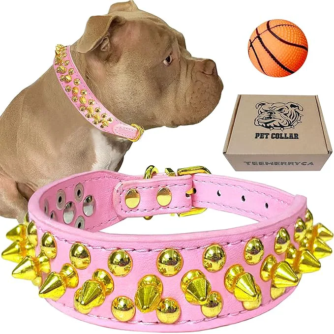 Certified TEEMERRYCA Pink Leather Gold Spiked Studded Dog Collar Relaxed