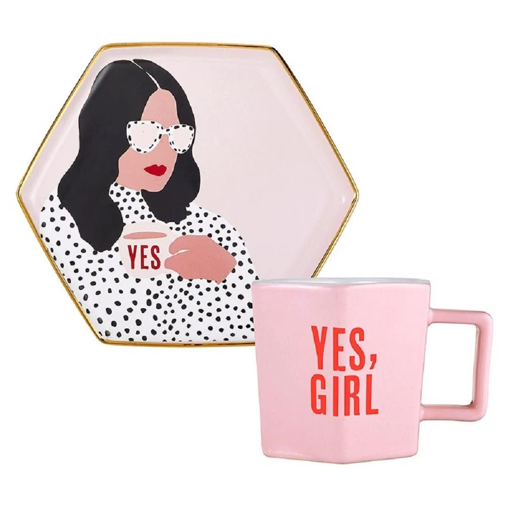 Quality Yes Girl Hexagon Mug Saucer Set in Pink Green