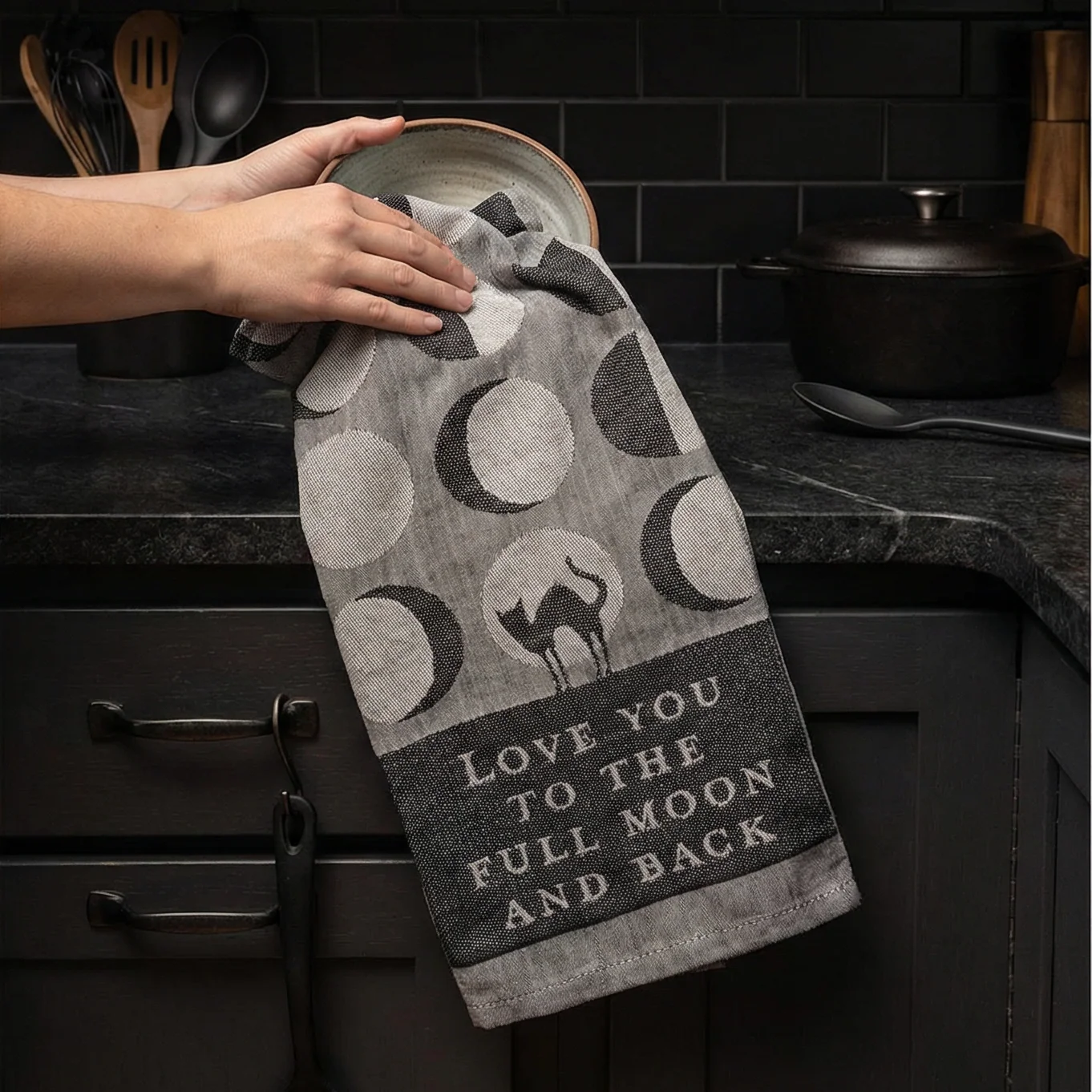 Exclusive Love You To The Full Moon And Back Kitchen Towel Gothic Black Cat Mystical Moon Phases 20 x 28 Flexible