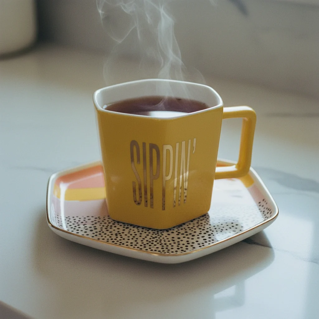 Genuine Sippin' Hexagon Mug and Saucer Set in Peach Black Dot and Honey Gift for Her Practical