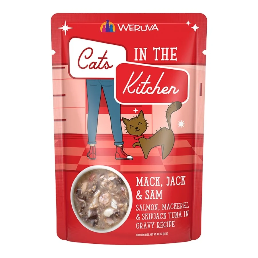 Professional Weruva Cats in the Kitchen Mack Jack Sam Wet Cat Food Salmon Mackerel Skipjack Tuna in Gravy Recipe 3-oz Original