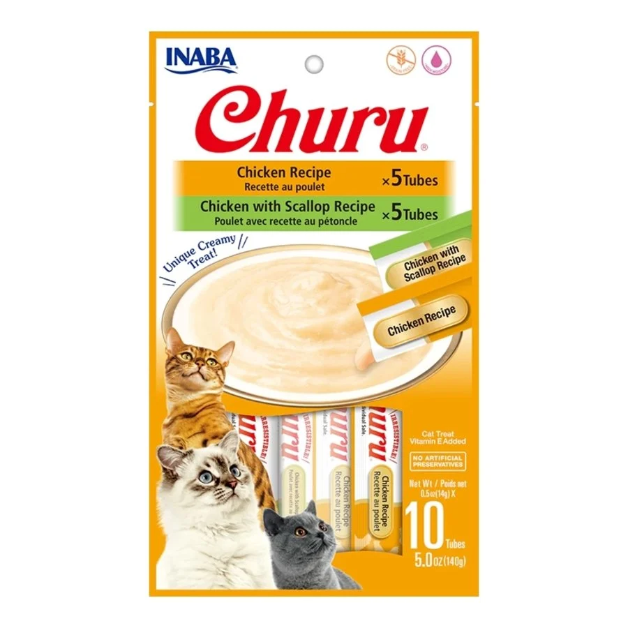 Prestigious Inaba Churu Creamy Purée Variety Pack Lickable Cat Treats Chicken Recipe Chicken with Scallop Recipe 0.5-oz Tubes 10 Count Clean