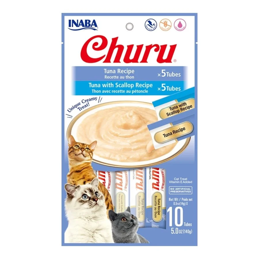 First-Class Inaba Churu Creamy Purée Variety Pack Lickable Cat Treats Tuna Recipe Tuna with Scallop Recipe 0.5-oz Tubes 10 Count Fine