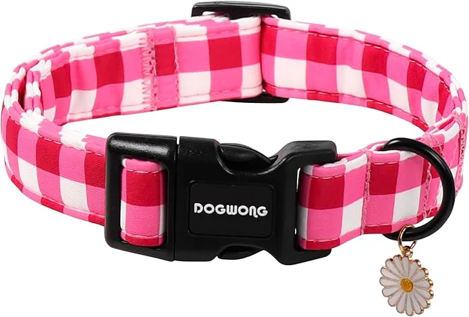 Authentic DOGWONG Pink Checkered Dog Collar Cute Pink Plaid Dog Collars Adjustable Girl Refined
