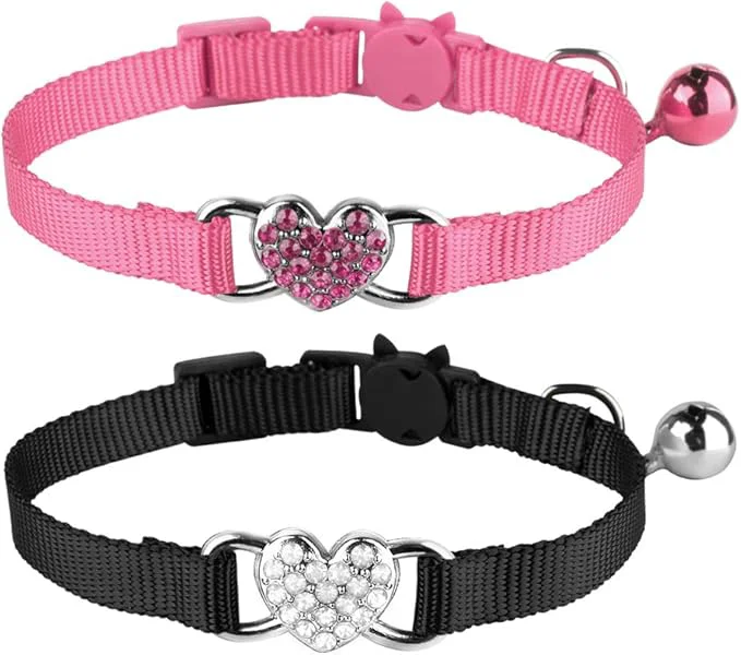 Casual 2 Pcs Cat Collars Heart Bling Breakaway Relaxed