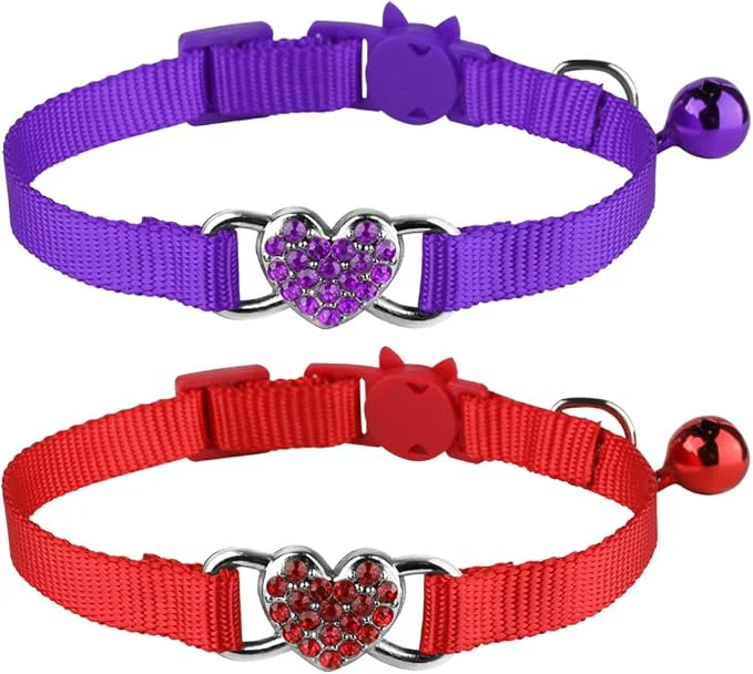 Unique 2 Pcs Cat Collars Heart Bling Breakaway Solid