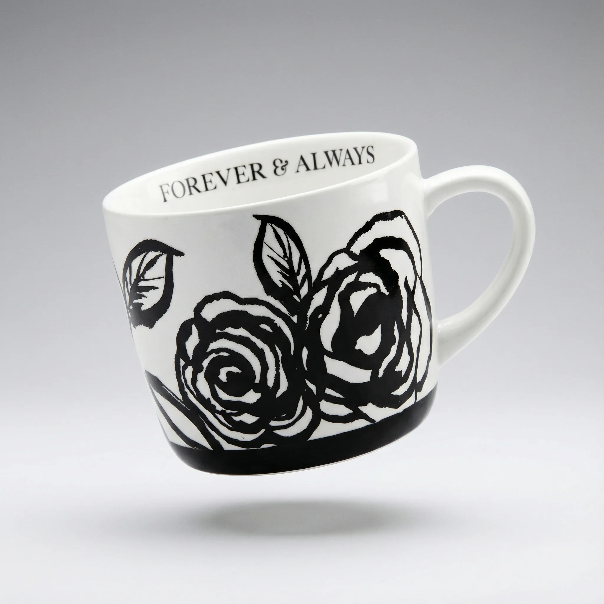 Dependable Mug in White with Black Floral Artwork Giftable Coffee Tea Cup 15oz Excellent