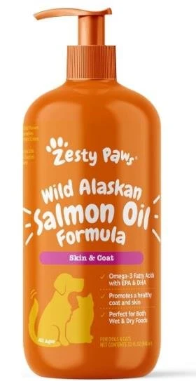 Next-Generation Zesty Paws Wild Alaskan Omega-3 Blend Pollock Salmon Oil Skin Coat Supplement for Dogs Cats 32-oz Effective