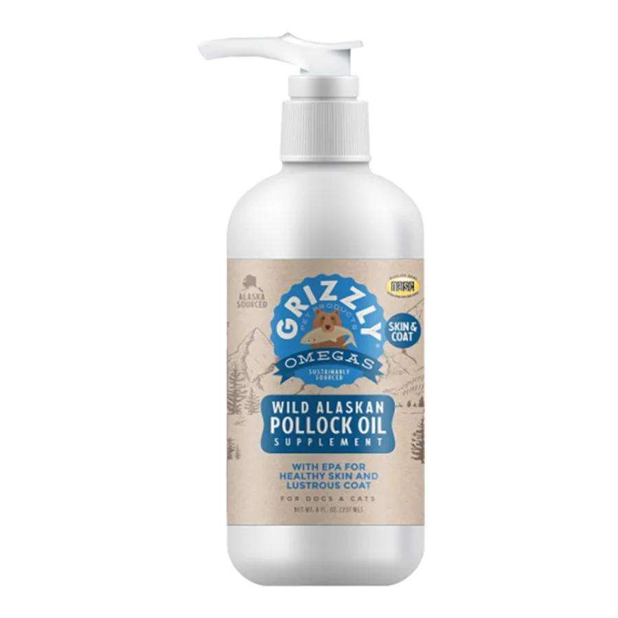 High-Performance Grizzly Wild Alaskan Pollock Oil Food Supplement for Dogs Cats 8-oz Reusable