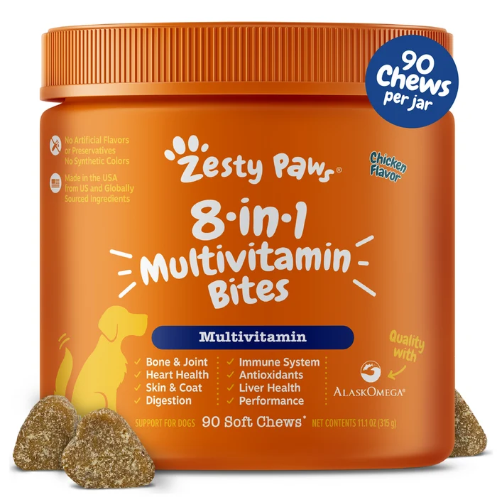 Authentic Zesty Paws 8-in-1 Multivitamin Bites Soft Chews for Dogs Chicken 90 Count 11.1-oz Luxury