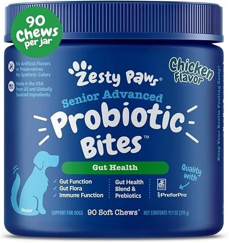 Reusable Zesty Paws Senior Advanced Probiotic Bites Soft Chews for Dogs Chicken 90 Count 11.1-oz Verified
