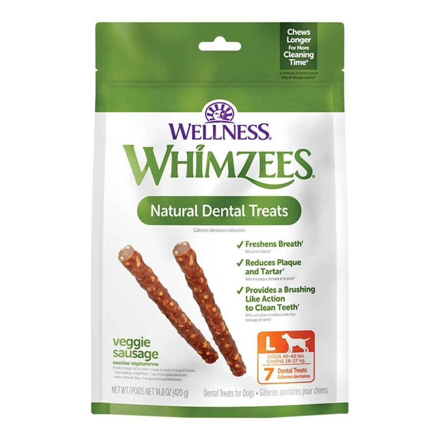 Verified Whimzees Veggie Sausage Natural Dental Dog Treats Large 7 Count 14.8-oz Fine