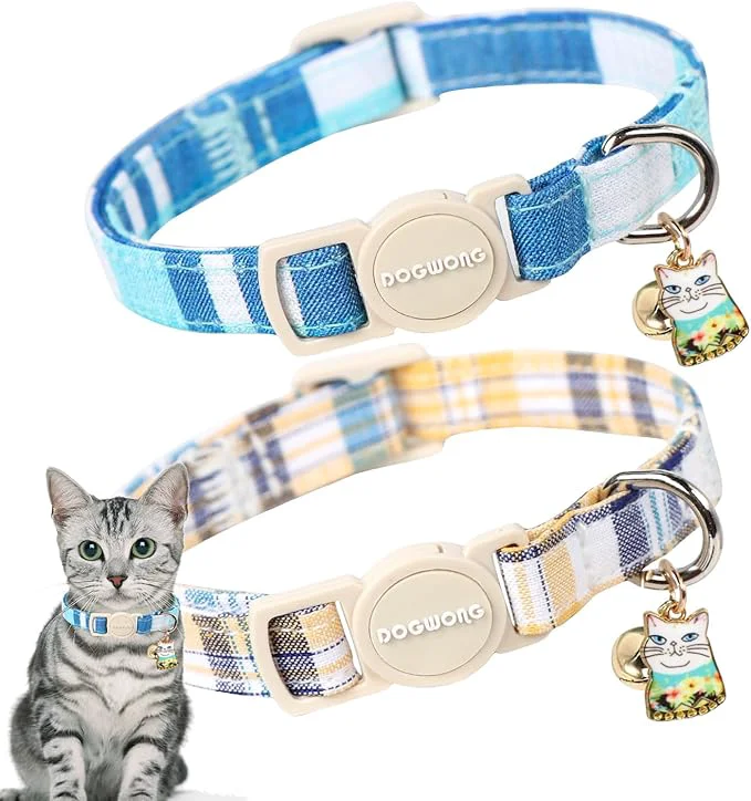Detailed DOGWONG Cat Collar 2 Blue Plaid Pack Breakaway First-Class