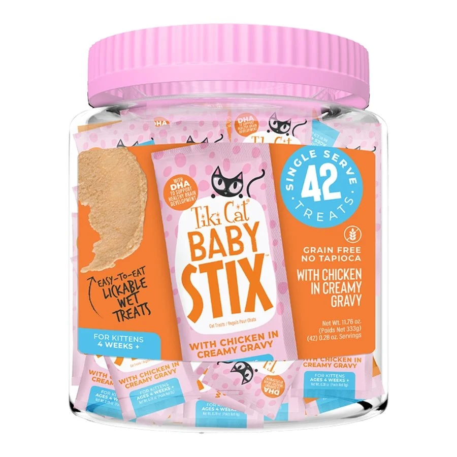 Carefully Designed Tiki Pets Cat Baby Stix Lickable Cat Treats Chicken in Creamy Gravy 0.28-oz Pouches 42 Count Easy-to-Use