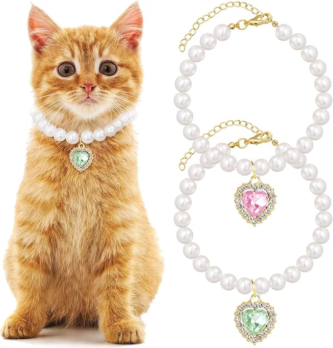 Breathable 2pcs Pearl Collar for Cat Puppy Small Cute Heart Shape Rhinestone Pet Necklace Official