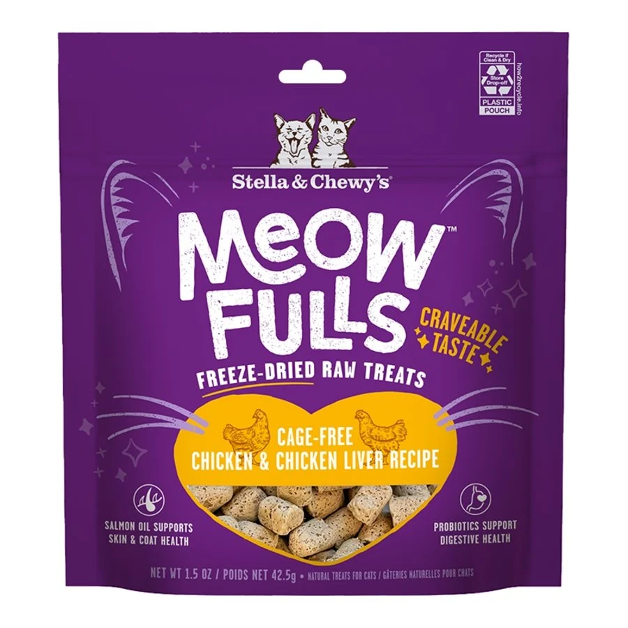 Solid Stella Chewy's Meowfulls ze Dried Raw Cat Treats Cage- Chicken Chicken Liver Recipe 1.5-oz Reusable