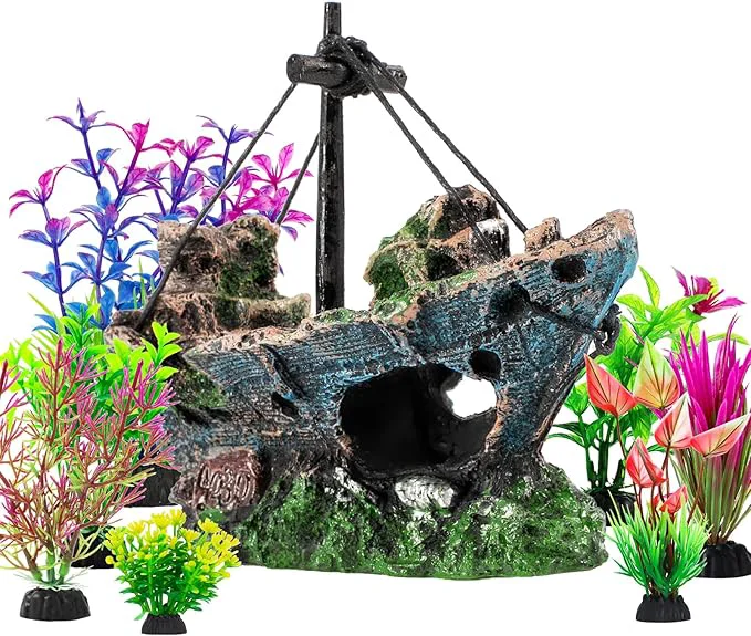 Powerful 8Pcs Fish Tank Decorations Set Sunken Ship Decoration Resin Material Fish Tank Smart
