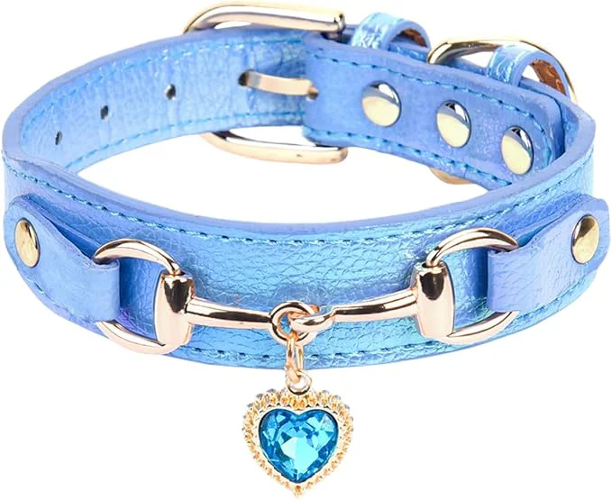 Carefully Designed THAIN Fashion Dog Collar with Bling Diamonds Heart Charm – 5 Holes Adjustable Fine Crafted
