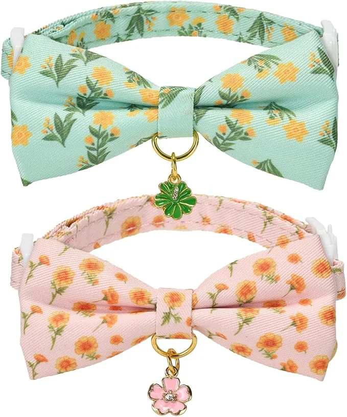 Specialty 2 Pack Floral Cat Collars with Bow Tie and Bell Adjustable Breakaway Bowtie Premium Material