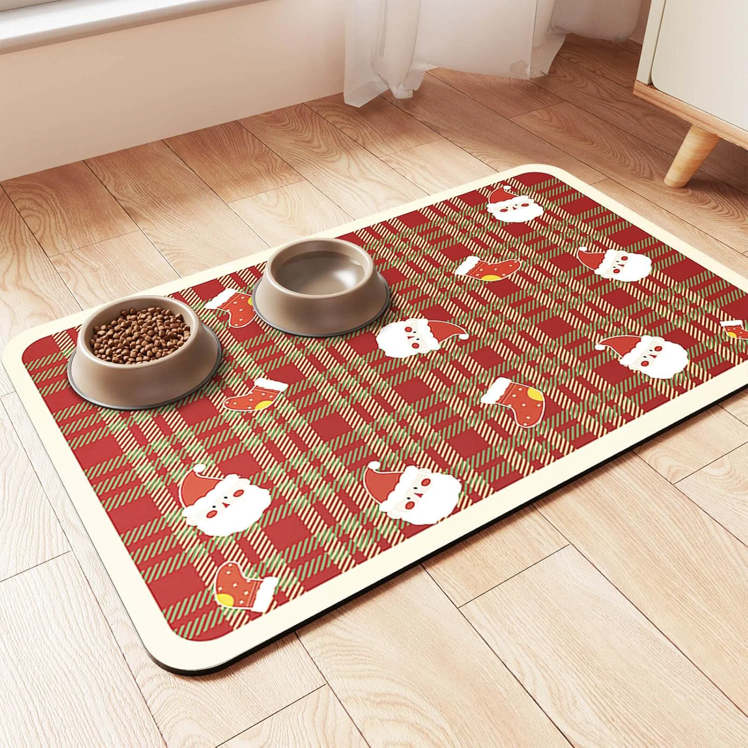 Secure Pet Feeding Mat-Absorbent Pet Placemat for Food and Water Bowl with Waterproof Rubber Backing Quick Dry Water Dispenser Mat for Dog and Cat Christmas 16 x24 Lightweight