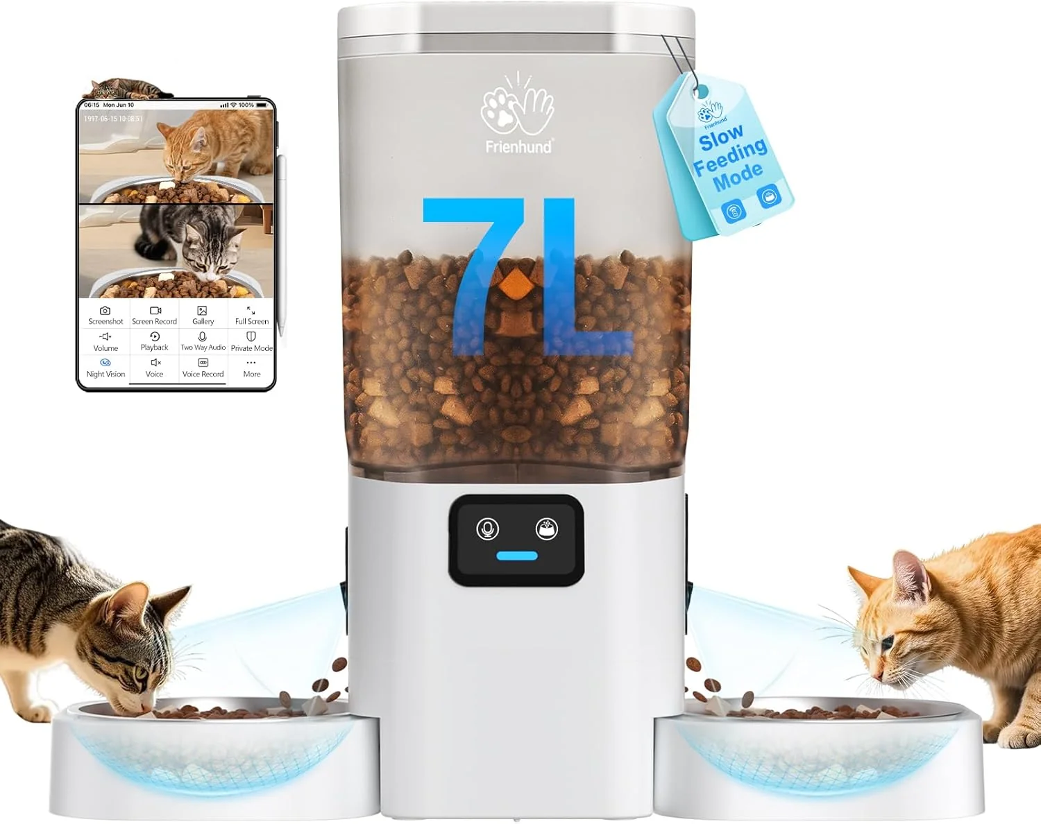 Smooth Automatic Cat Feeder with Two HD Camera for 2 Cats 5G WiFi Automatic Dog Feeder with Night Vision Slow Feed 7L Auto Cat Food Dispenser for Multiple Pet Detachable for Cleaning - 29 Cup Convenient