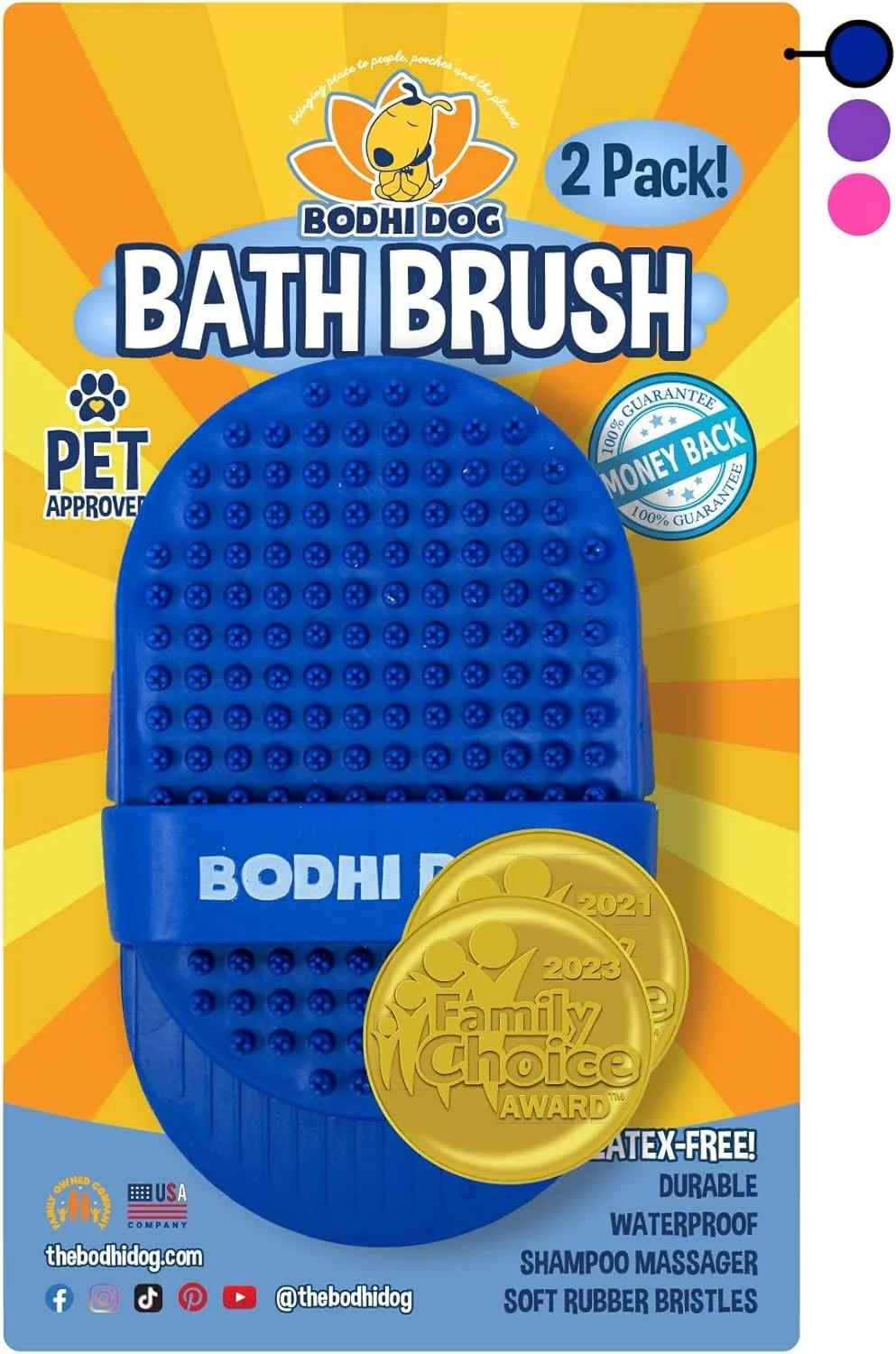 Elite Bodhi Dog Shampoo Brush - Pet Grooming Bath Supplies for Dogs and Cats - Bath Brush for Long Short Hair - Premium Scrubber for Shower Bathing Massage Two Pack Blue Authentic