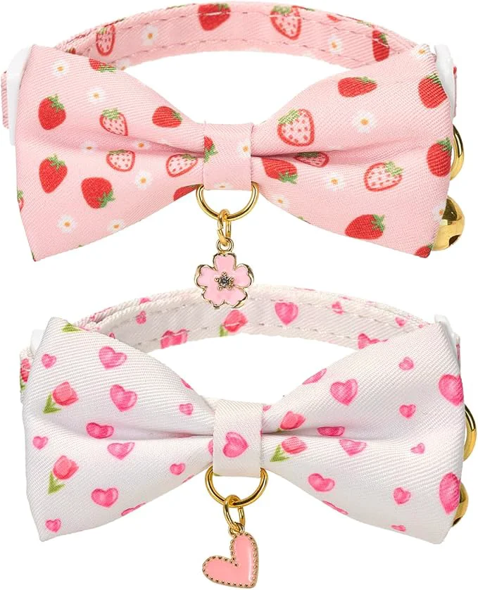 Stylish 2 Pack Floral Cat Collars with Bow Tie and Bell Adjustable Breakaway Bowtie Minimalist