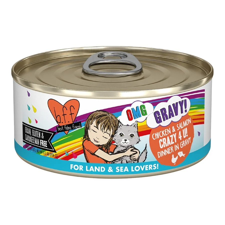 Reusable Weruva B.F.F. OMG Chicken Salmon Crazy 4 U Dinner in Gravy Wet Cat Food 5.5-oz Sophisticated