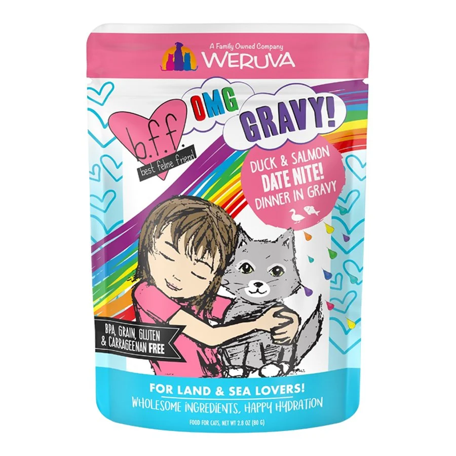 Trendy Weruva B.F.F. OMG Duck Salmon Date Nite Dinner in Gravy Wet Cat Food Pouches 2.8-oz Traditional