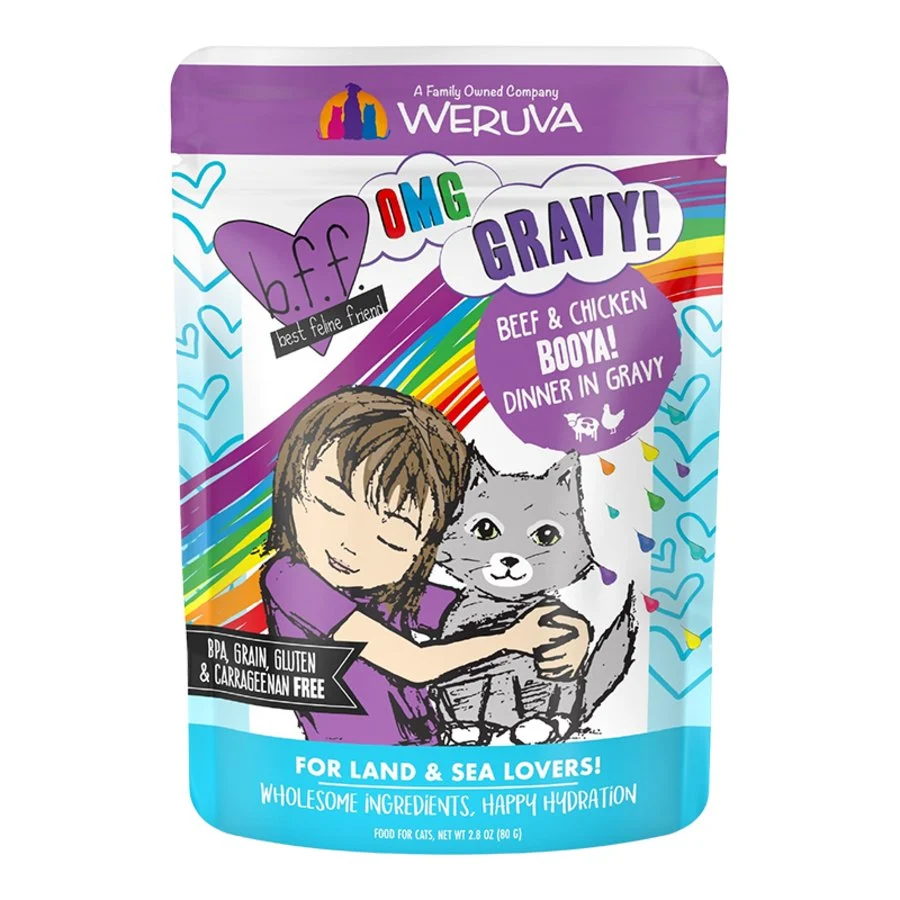 Easy-to-Use Weruva B.F.F. OMG Beef Chicken Booya Dinner in Gravy Wet Cat Food Pouches 2.8-oz Versatile