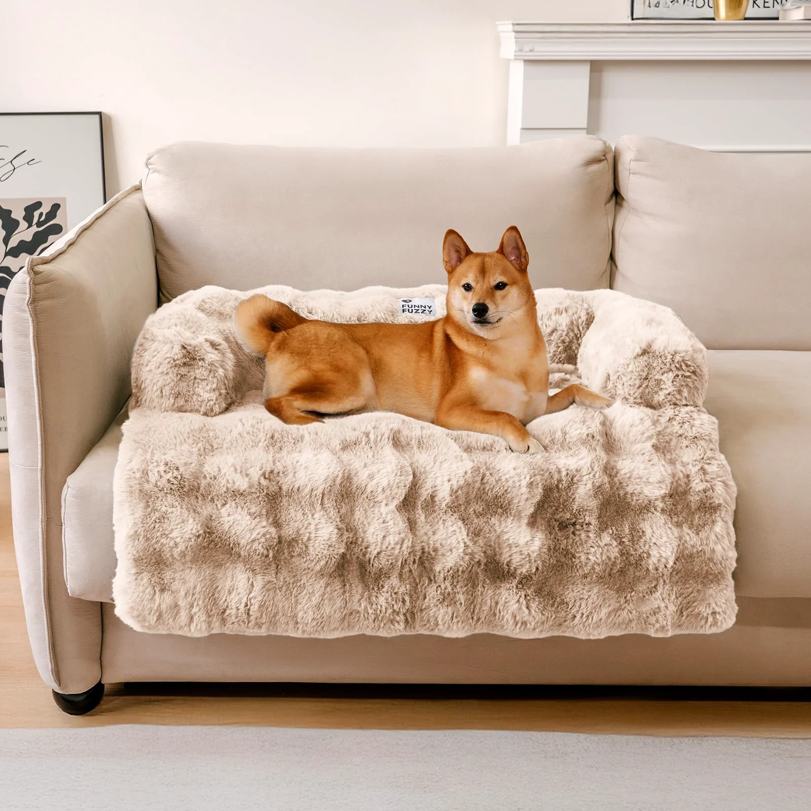 Fashionable FUNNY FUZZY Pet Fluffy Couch Cover – Calming Washable Sofa Protector for Small to Medium Dogs Cats Coffee Fast