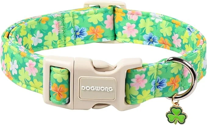 Artisan DOGWONG St. Patrick Dog Collar Comfortable Adjustable Green Clover Pattern Dog Environmentally Friendly