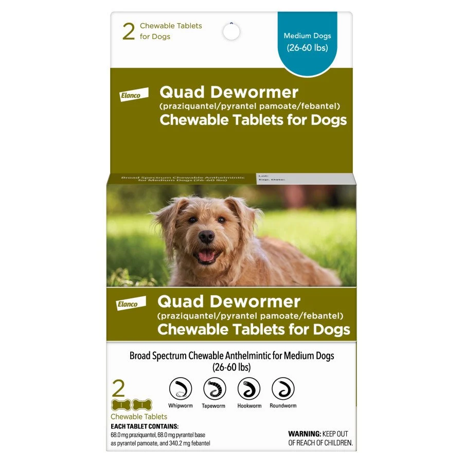 Trusted Elanco Quad Dewormer Chewable Tablets for Medium Dogs 26-60 lbs 2 Count Original Design