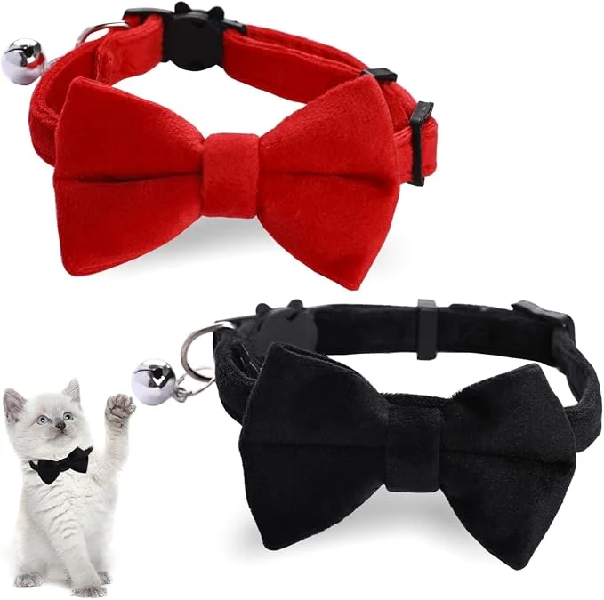 Specialty 2 Pcs Velvet Cat Collar Cute Cat Bow Tie Collar Adjustable Breakaway Collars Easy-to-Use