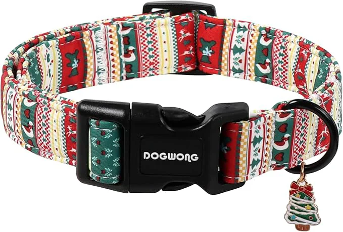 Trendy DOGWONG Christma Dog Collar Classic Cute Red Green Christmas Tree Dog Collar Elegant