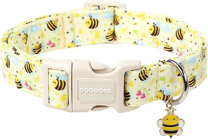 Breathable DOGWONG Spring Summer Dog Collar- Bee Flower Dog Collar Adjustable Soft Girl Exceptional